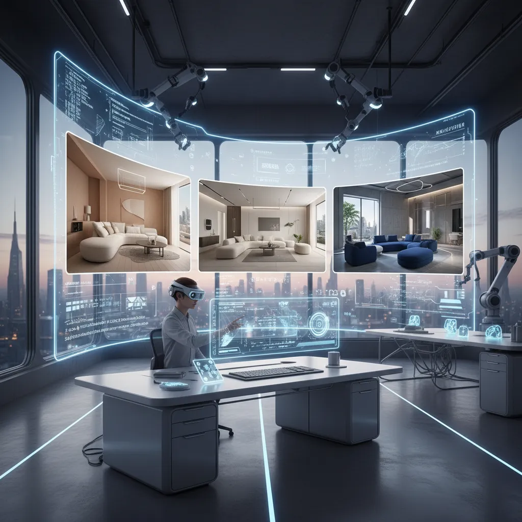 Designer using virtual reality headset to view three different living room interior design drawing options