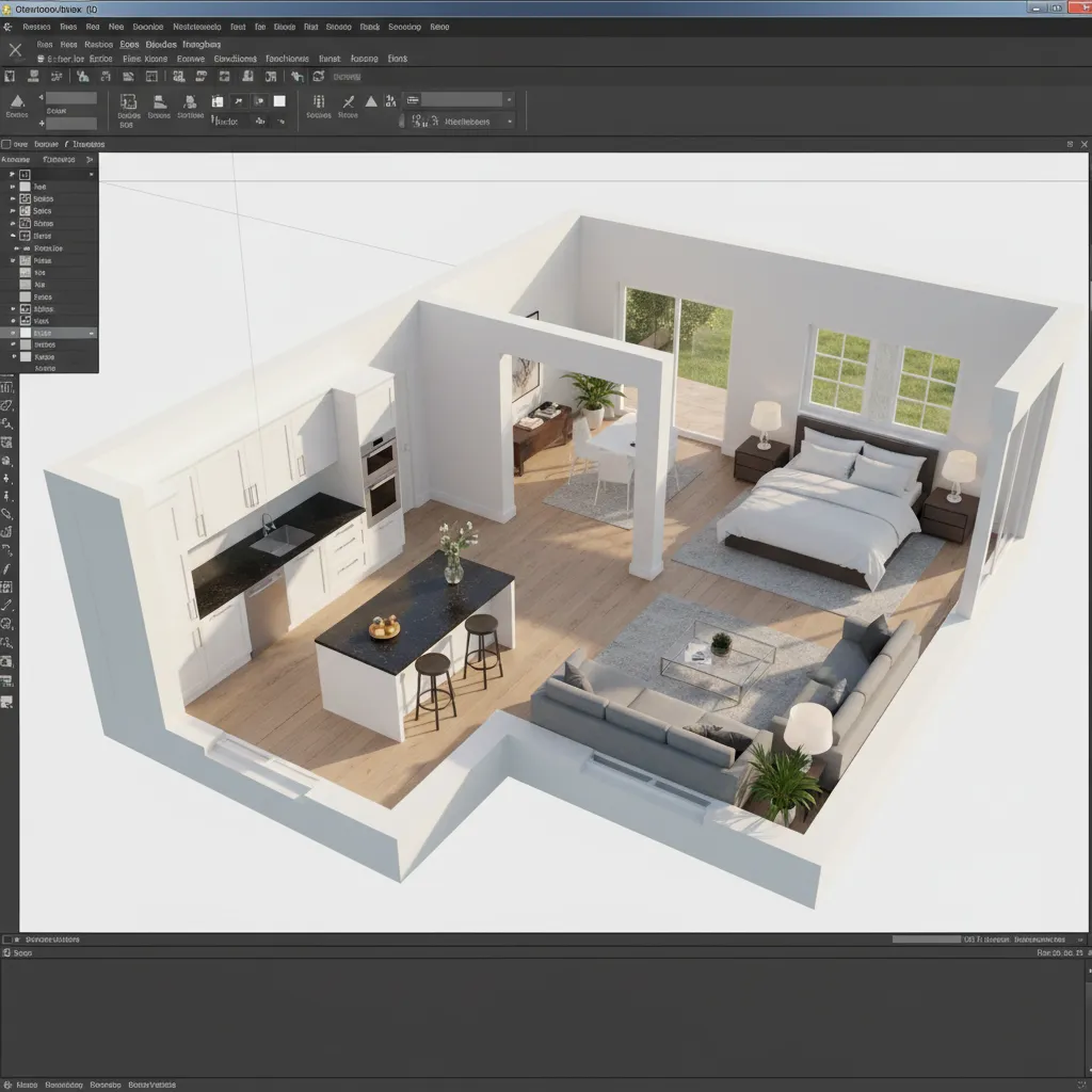 Pantalla mostrando una casa completa diseñada en 3D con varias habitaciones