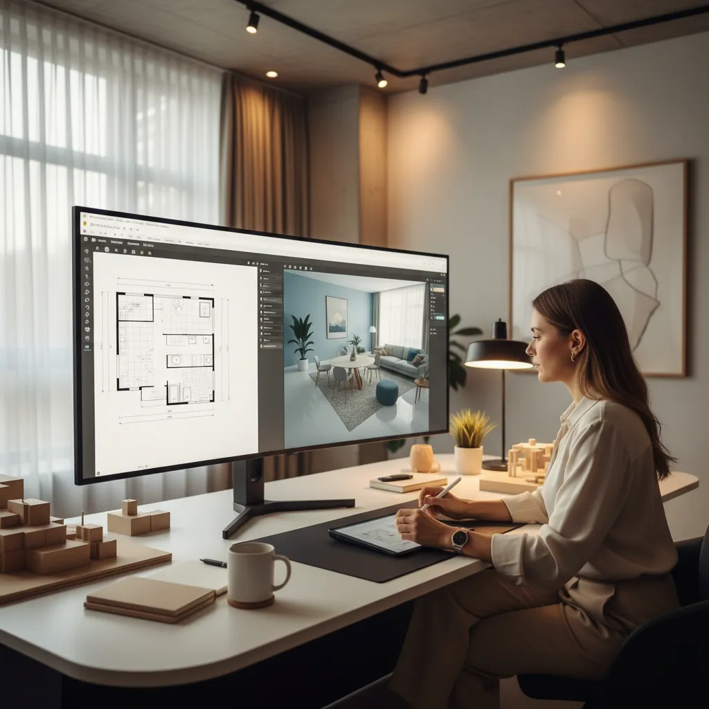 Diseñador creando un plano digital de una habitación en ordenador