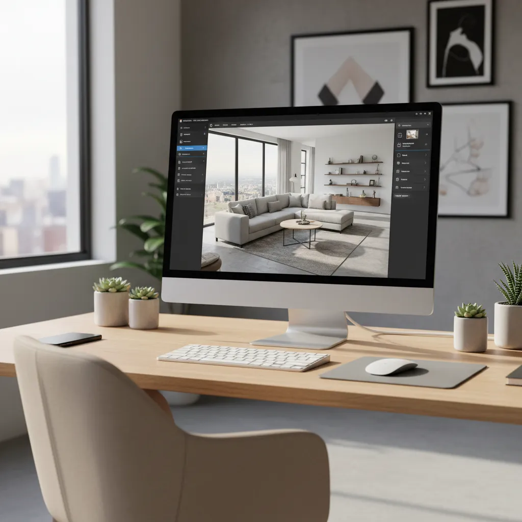 Interior design software on computer screen showing a modern living room view on wooden desk
