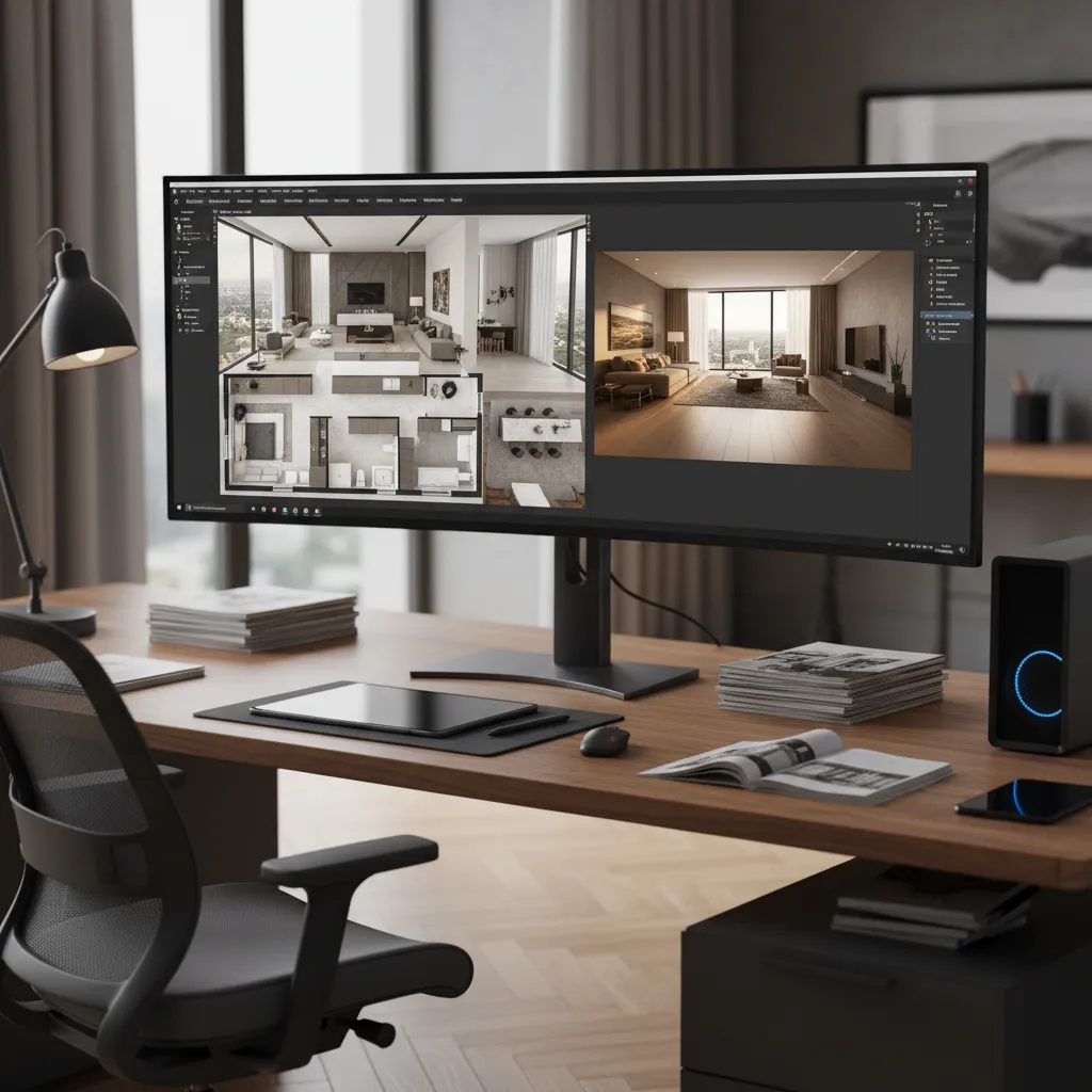 Visualización digital 3D de diseño de casa unifamiliar