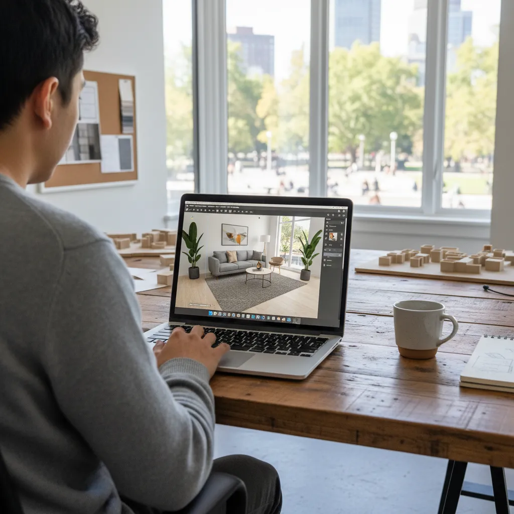 Persona utilizando un software de planificación de interiores en 3D en un portátil