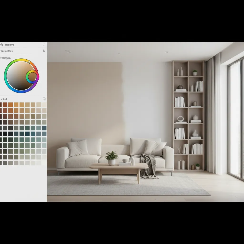 Interior design software showing color wheel and a living room with a half painted wall