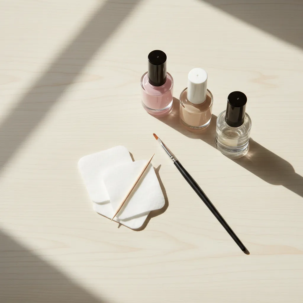 Nail polish bottles with white cotton pads and wooden stick on a light wood desk top