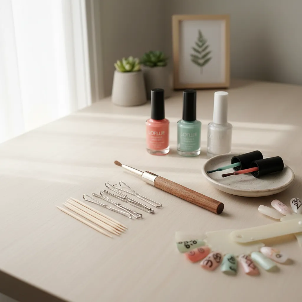 Three nail polish bottles with brushes and wooden sticks on light table near green plants
