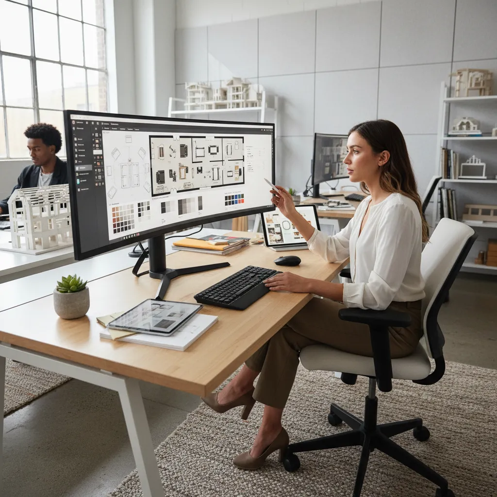 Female designer using wide monitor to create detailed house floor plan layout in modern office