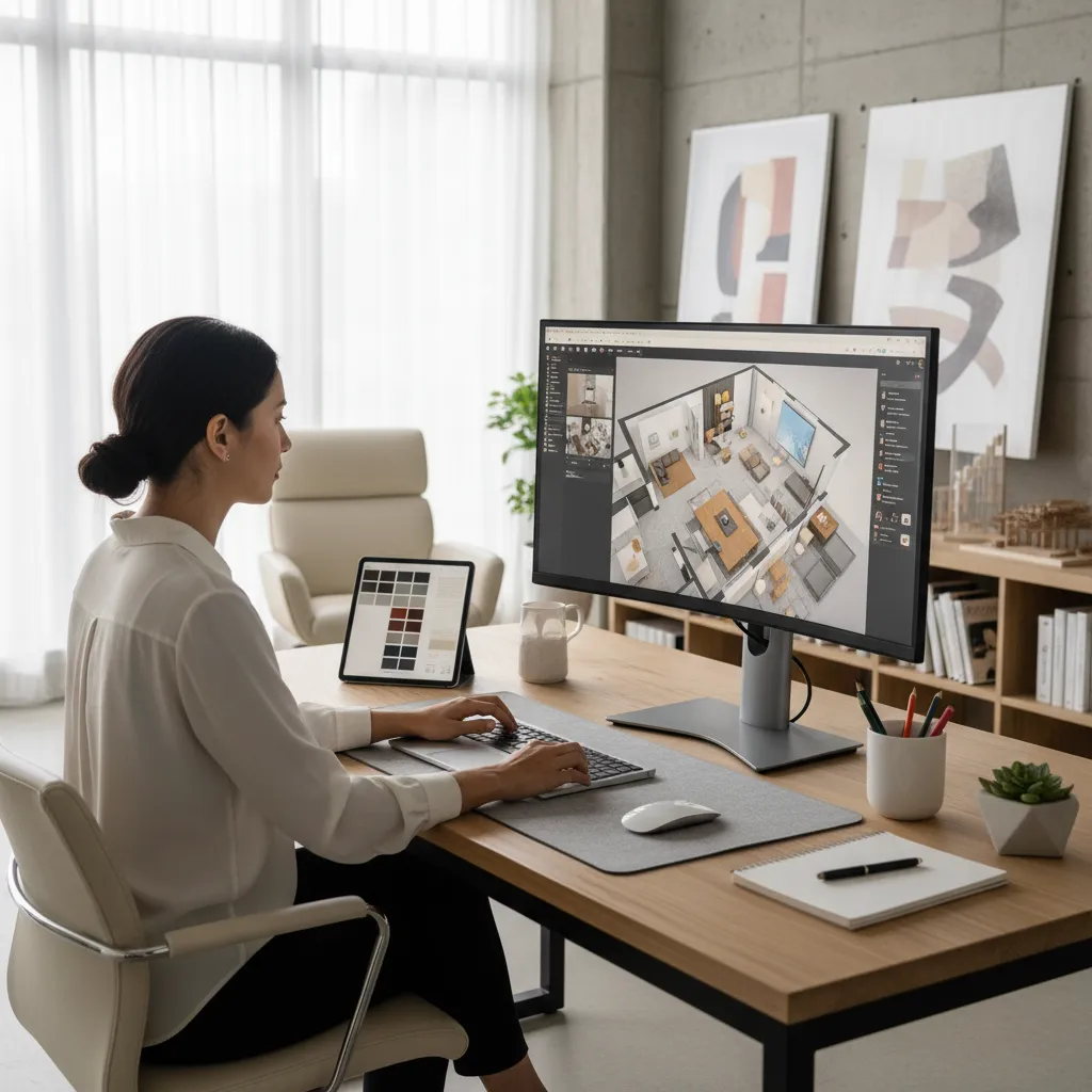 Diseñador creando un plano digital de interiorismo en ordenador