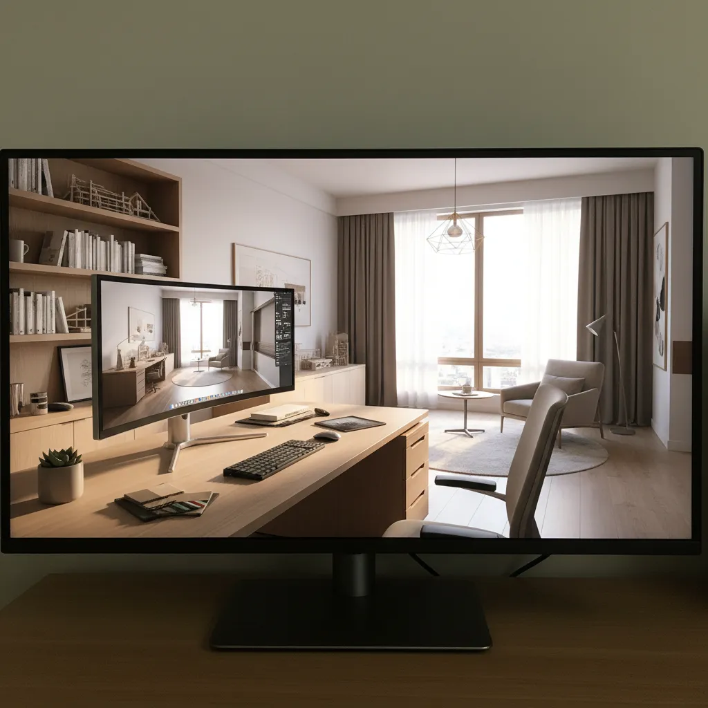 Pantalla mostrando simulación digital de diseño de interiores