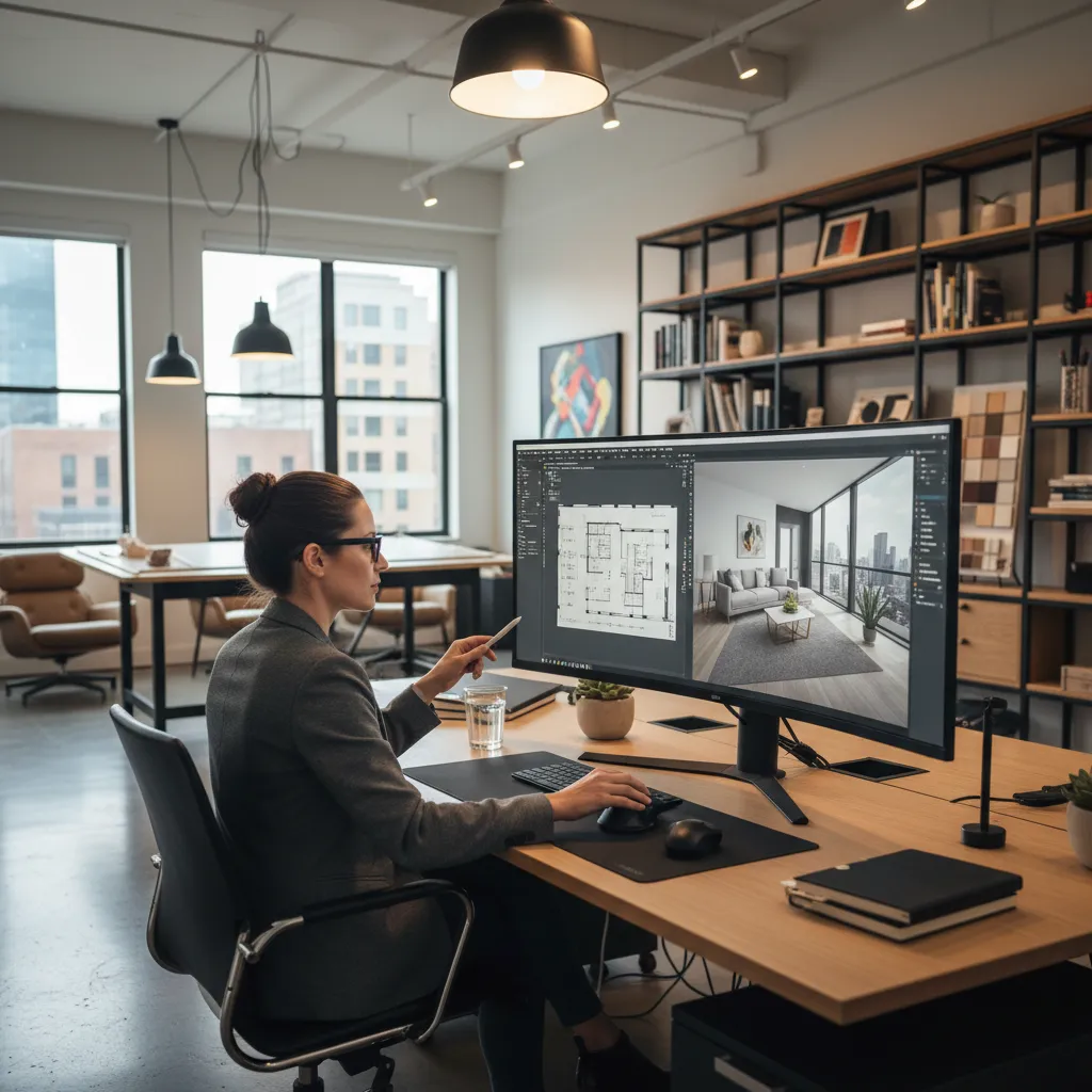 Diseñador trabajando con software 3D para planificar espacios