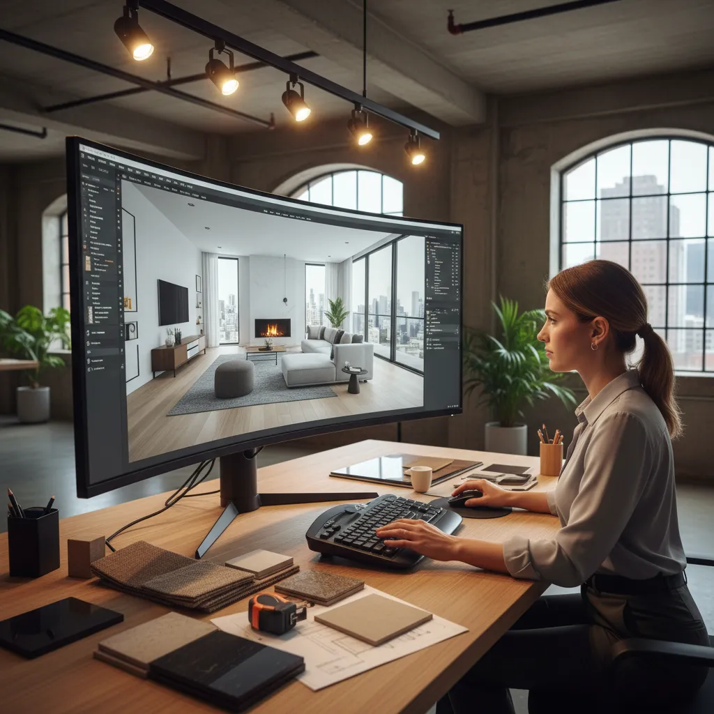 A designer using a wide computer screen to create a living room interior design drawing