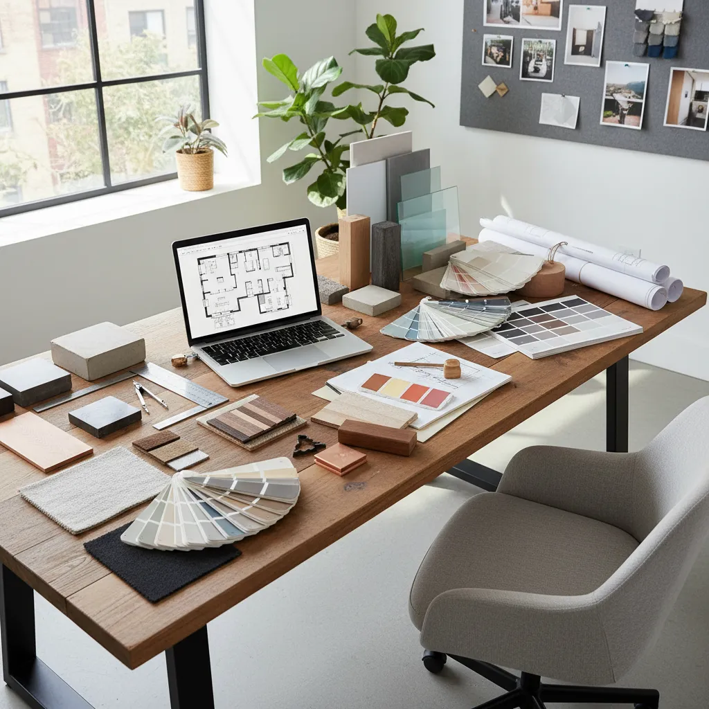 Mesa de estudio de diseño con ordenador, muestras de materiales y planos