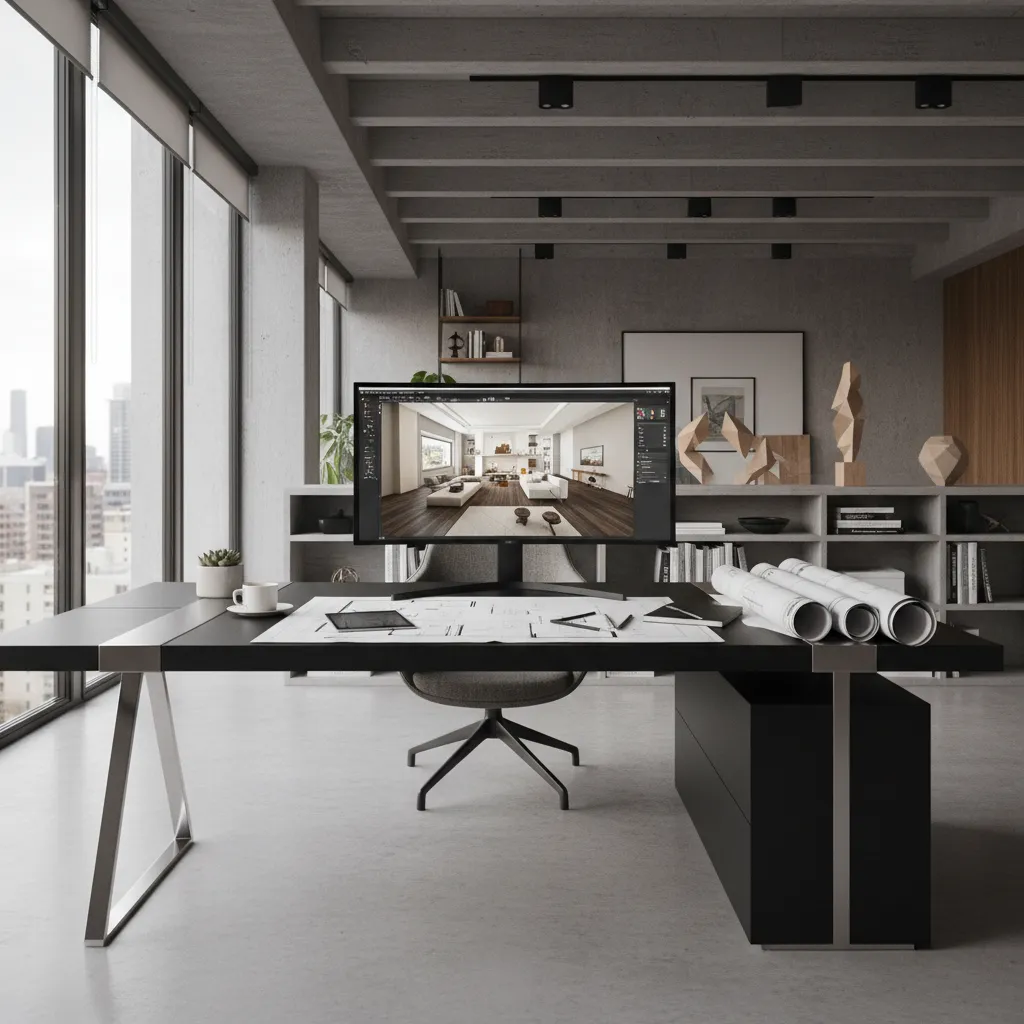 Professional workspace with a computer monitor showing a room design, blueprints, and modern office furniture