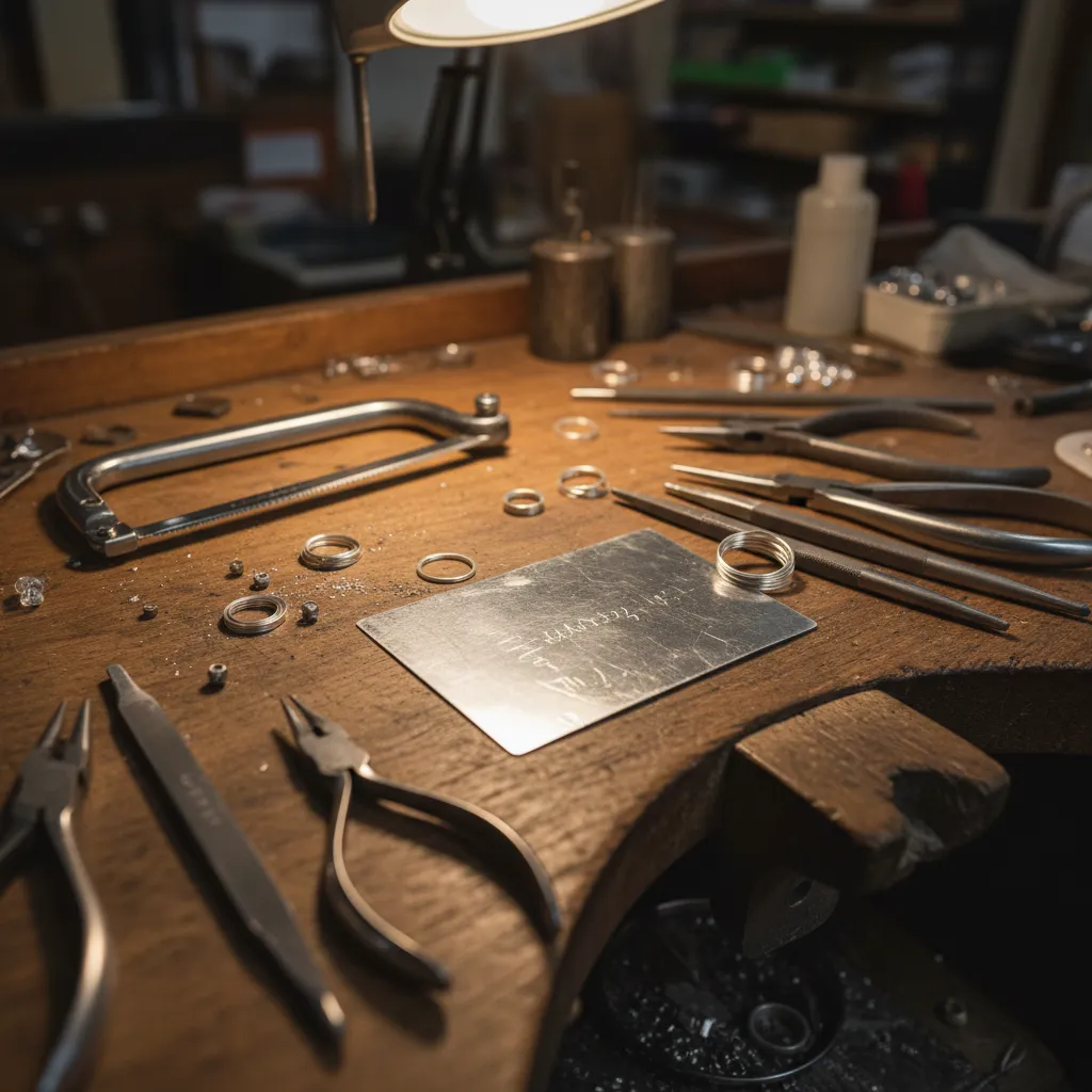 Herramientas básicas para fabricar joyería de plata sobre una mesa de trabajo
