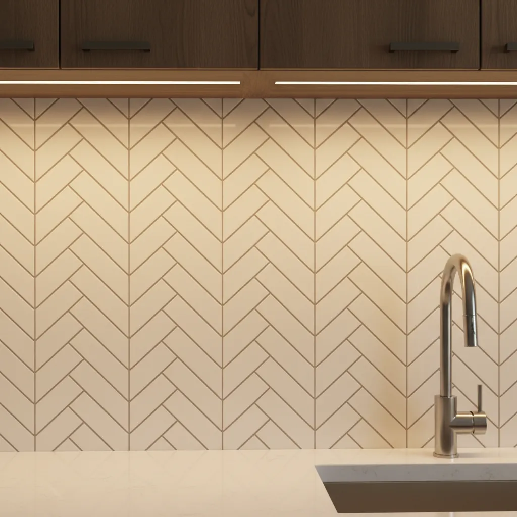 kitchen backsplash with herringbone tile pattern close up