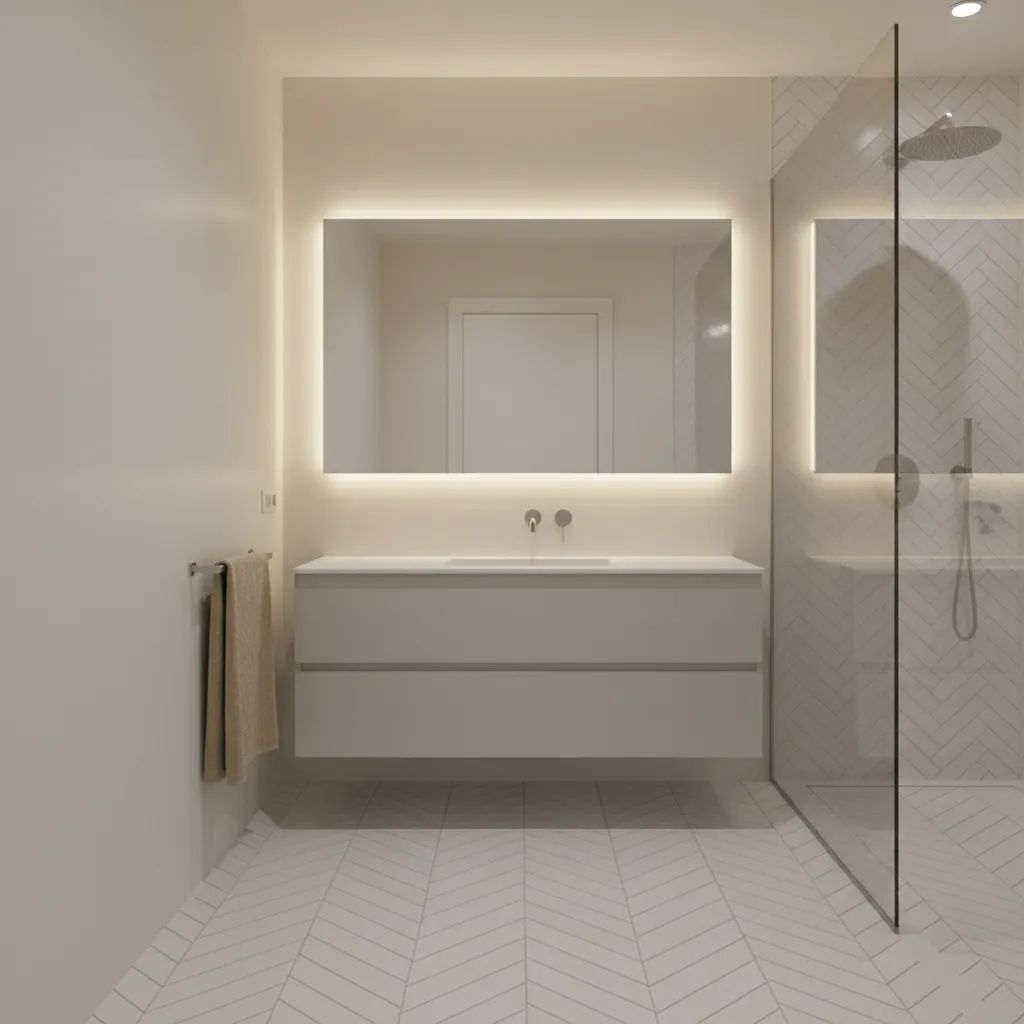 Bathroom floor with modern herringbone tile pattern