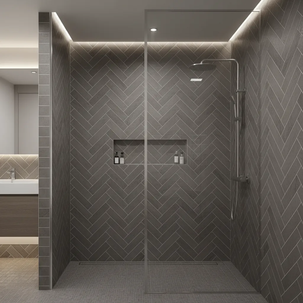 Gray herringbone tile pattern used on bathroom shower wall