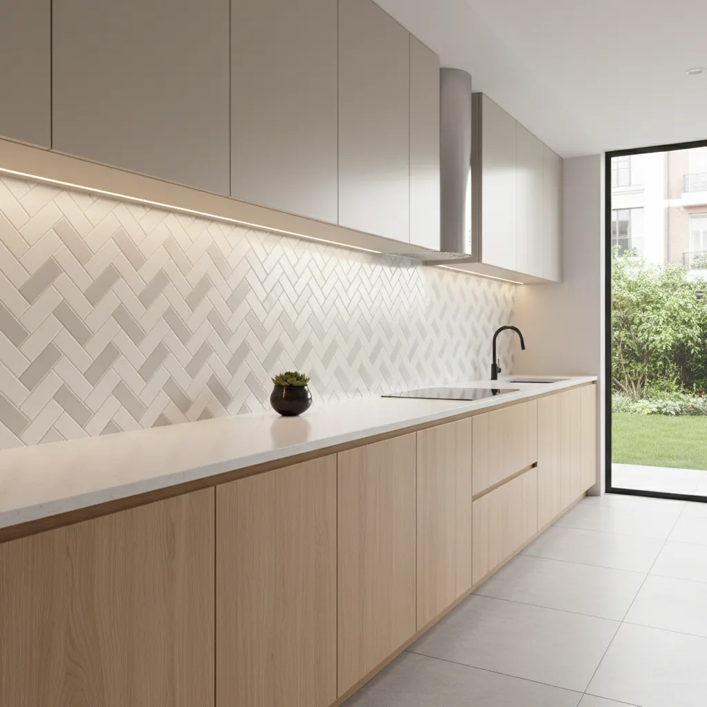 Budget ceramic tiles arranged in herringbone backsplash pattern