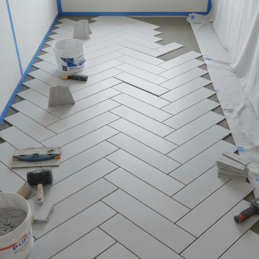 Close view of herringbone tile layout installation on bathroom floor