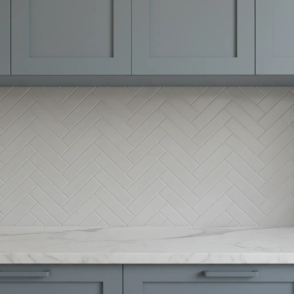 kitchen backsplash with herringbone tile layout