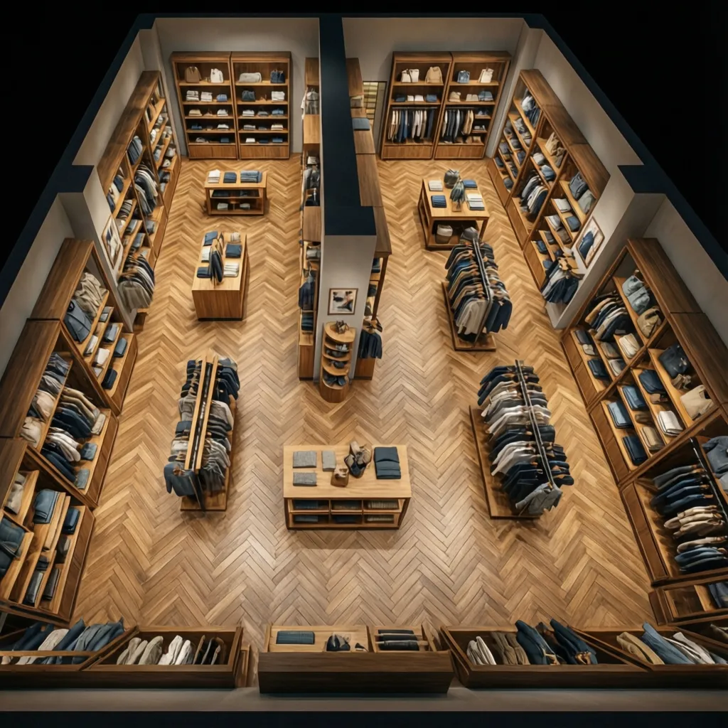 Tienda con pasillos diagonales en patrón de espiga vistos desde perspectiva superior