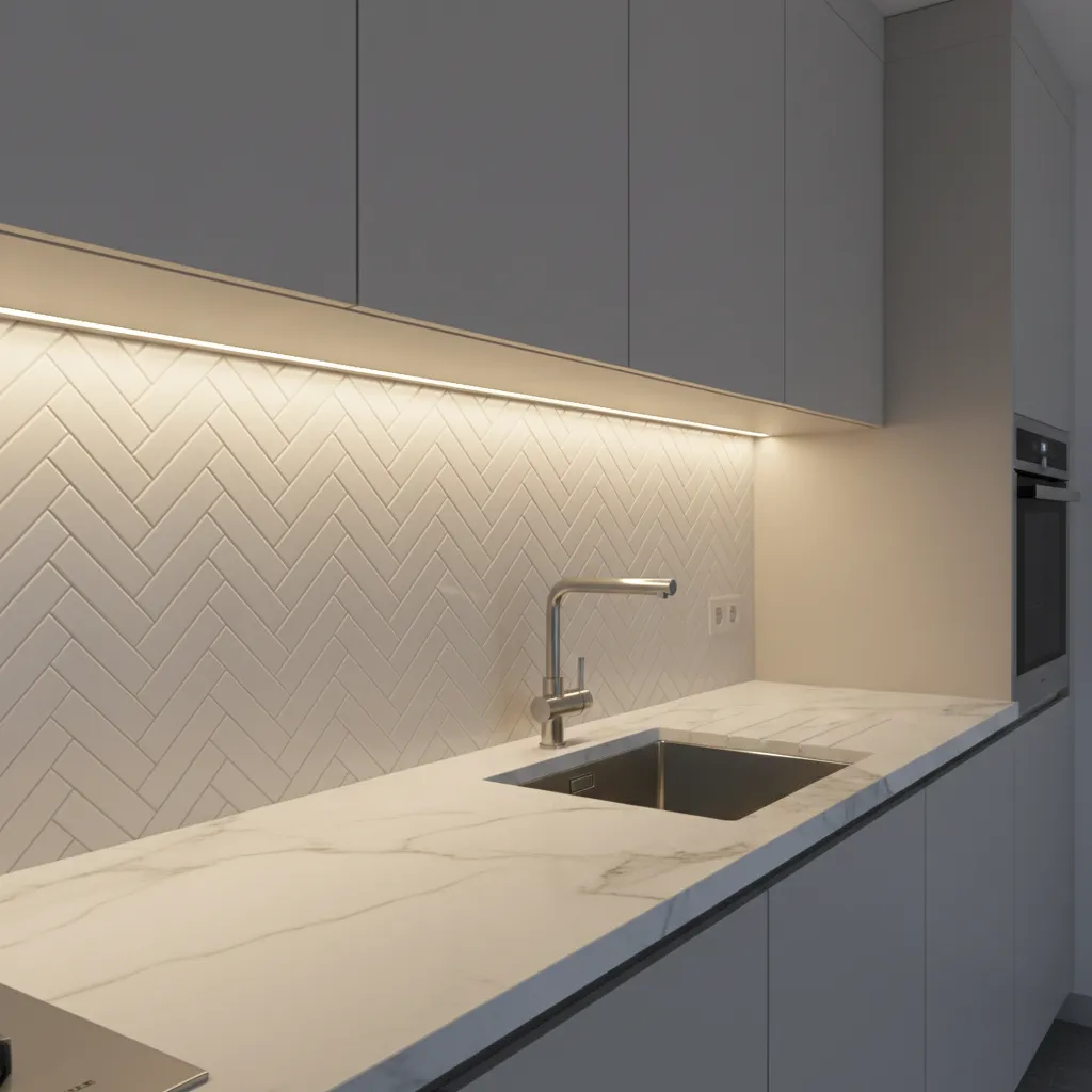 Kitchen backsplash with elegant herringbone wall tile pattern