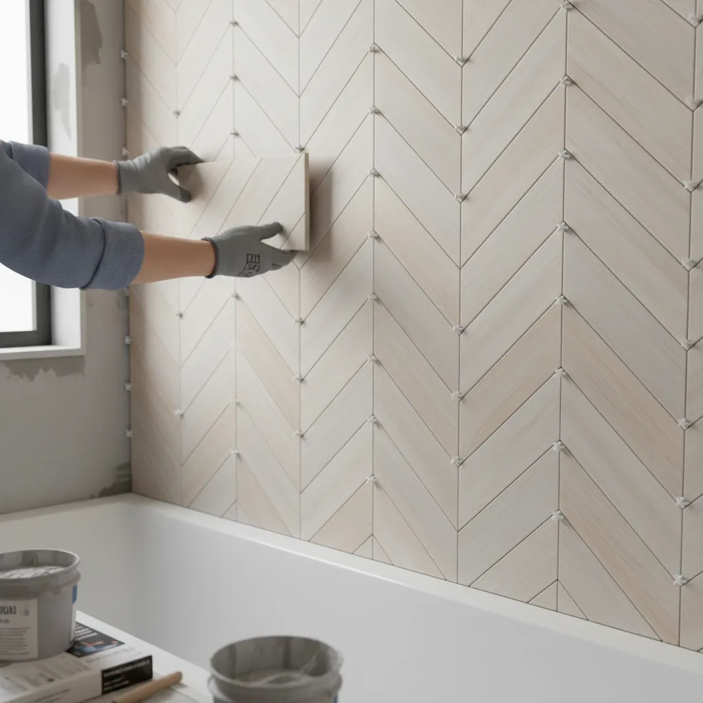 Close view of decorative herringbone wall tile installation with spacers