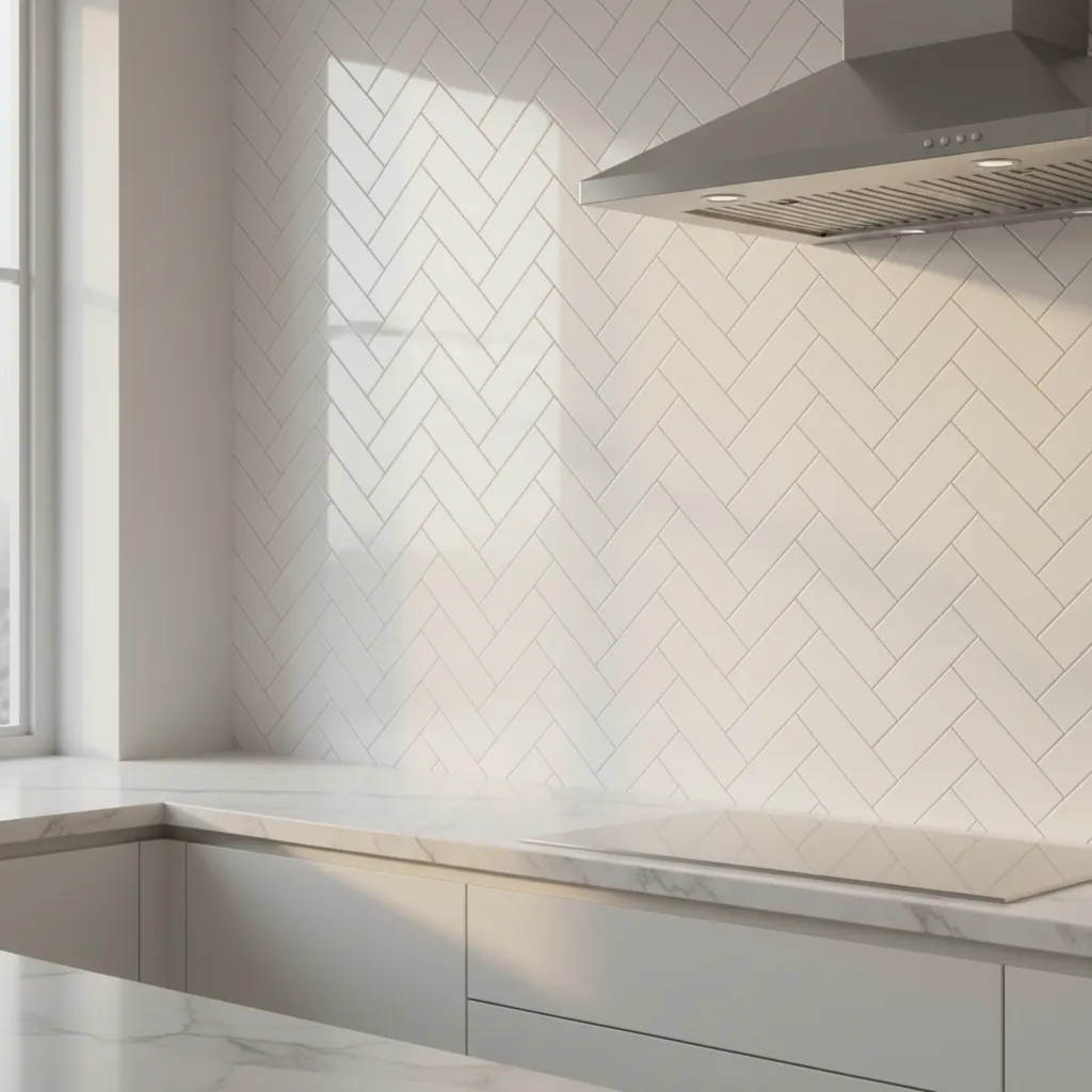 Herringbone subway tile backsplash pattern in a kitchen wall