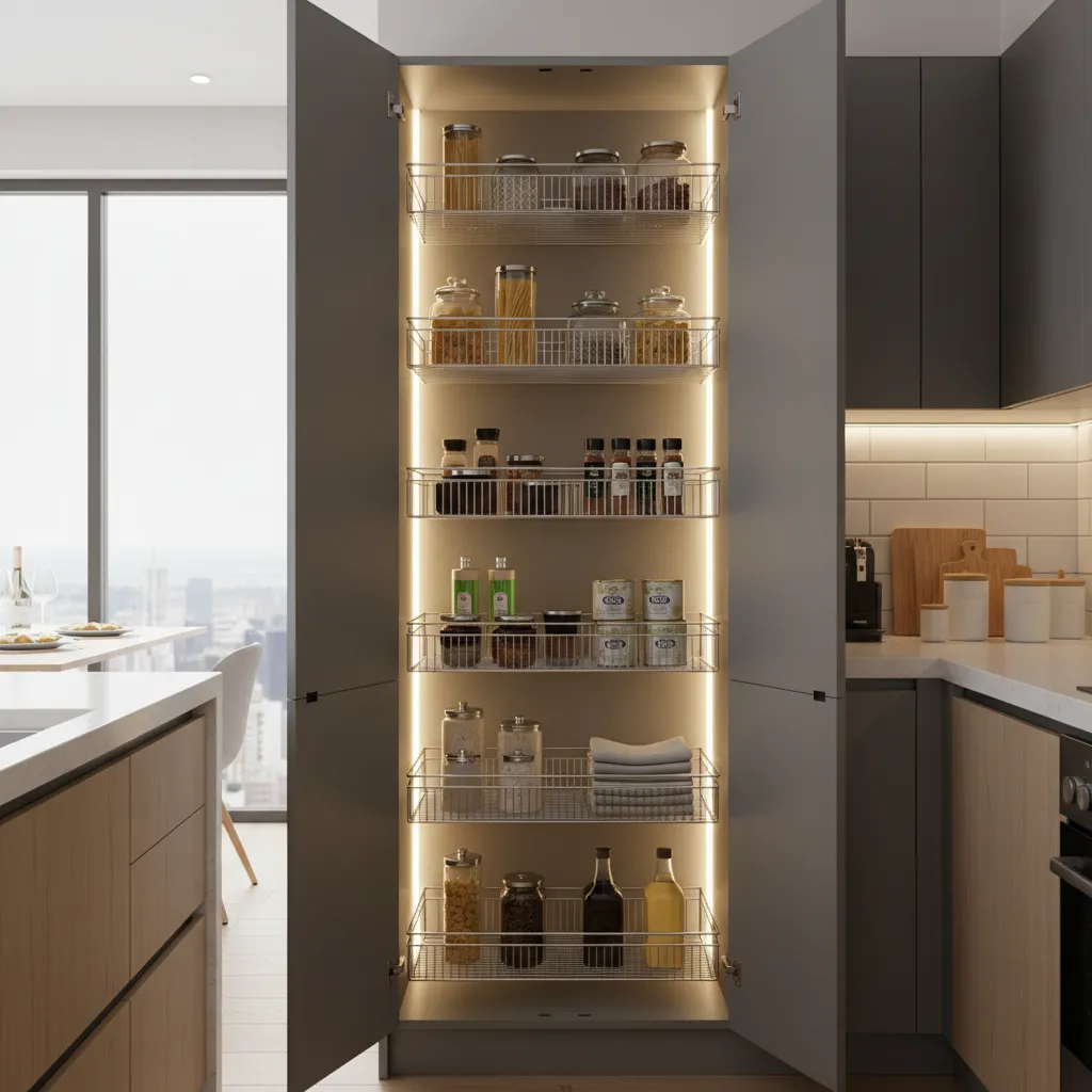 Tall grey kitchen cabinet with open doors showing metal storage racks filled with glass jars