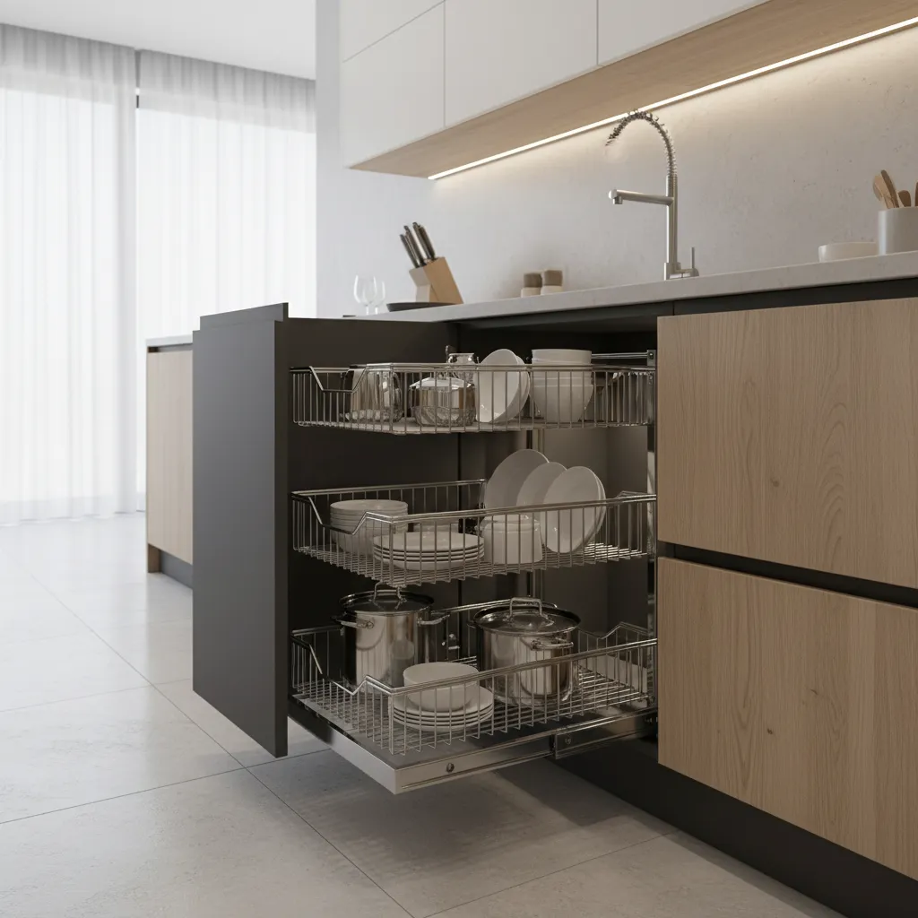 Hettich magic corner kitchen storage system with pull out baskets