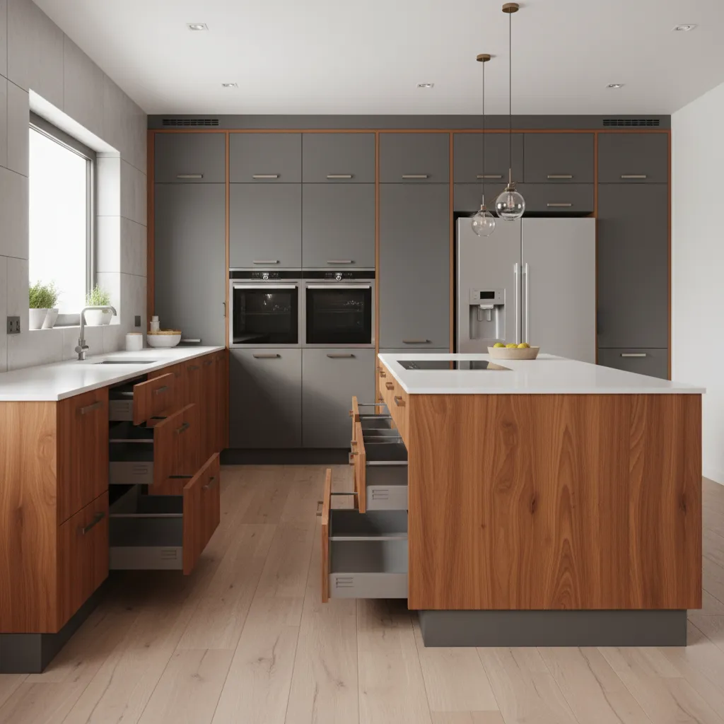 Modern kitchen with island showing open wood drawers grey wall cabinets and two glass lights