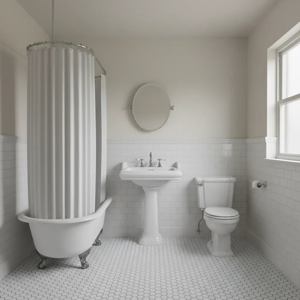 vintage bathroom showing hex tile floor with subway tile walls