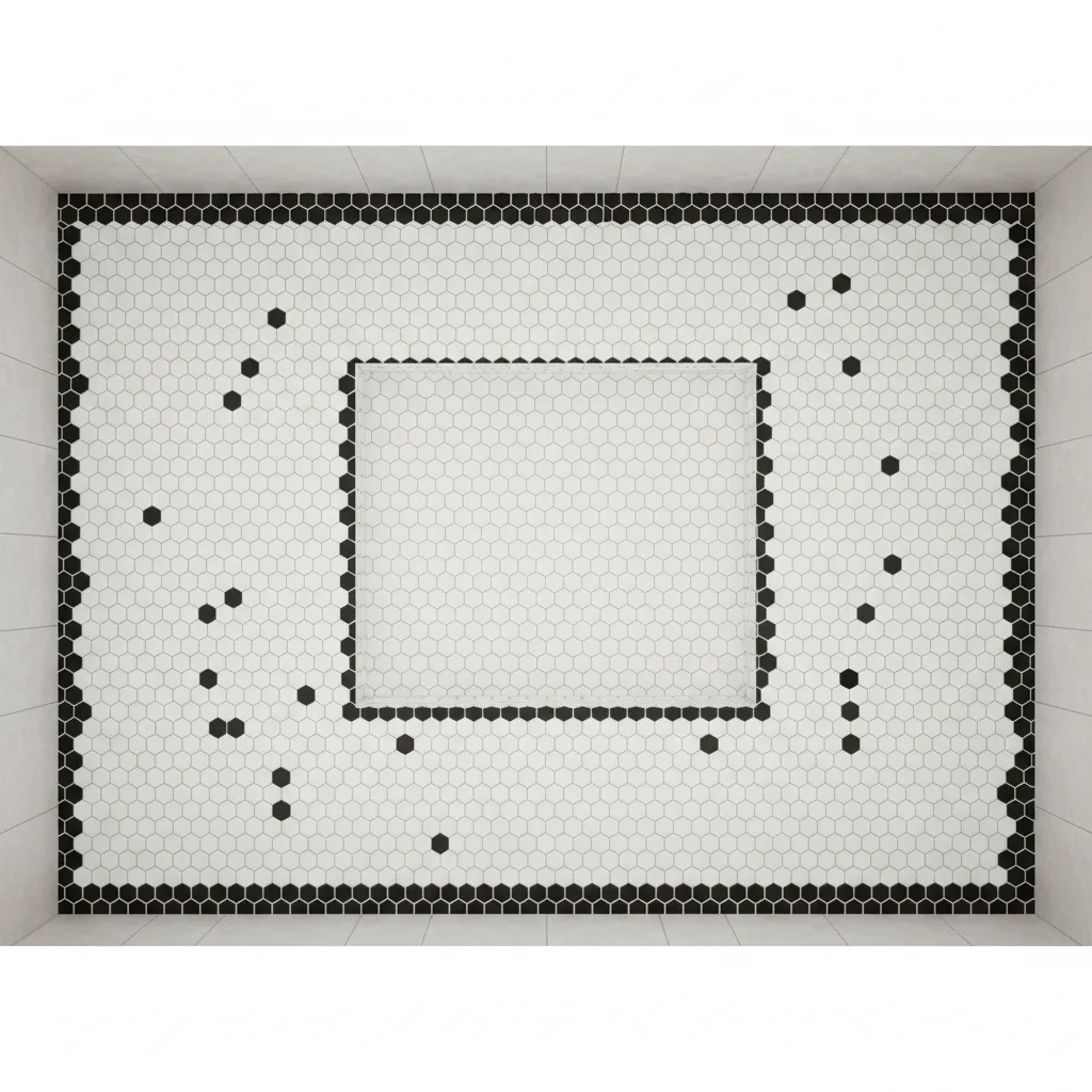 Bathroom layout showing hex tile mosaic pattern planning