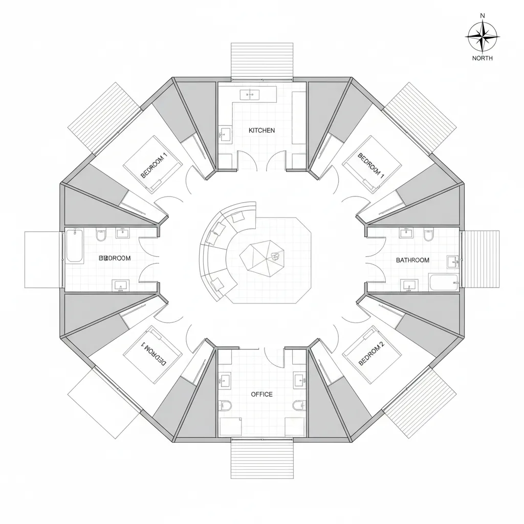 hexagon house floor plan layout with central living space