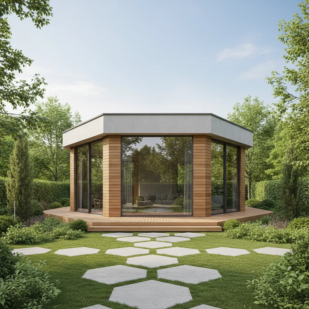 modern hexagon shaped house surrounded by garden