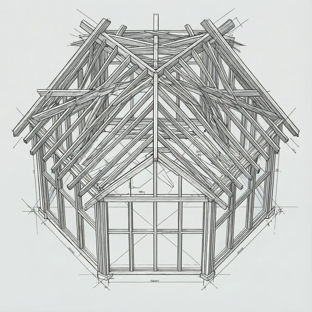 structural diagram showing roof and walls of hexagon house