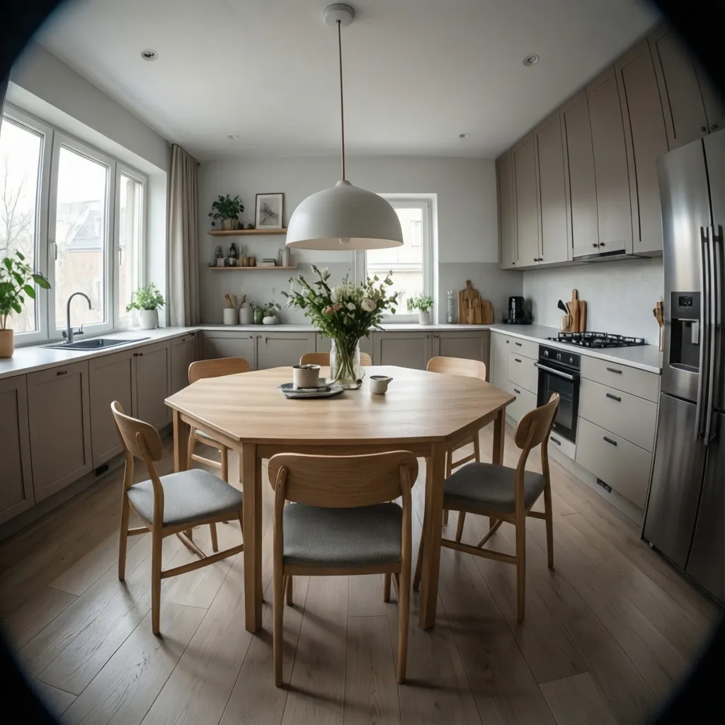 well planned kitchen layout with hexagon table and open circulation