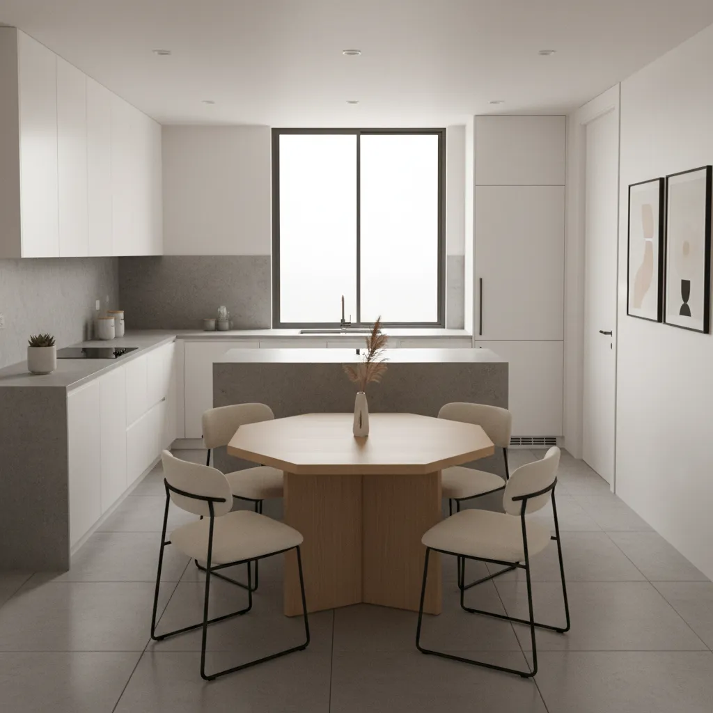 Hexagon kitchen table placed in small dining area showing angled edges for movement flow