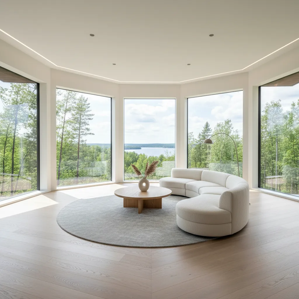 hexagon living room interior with panoramic windows