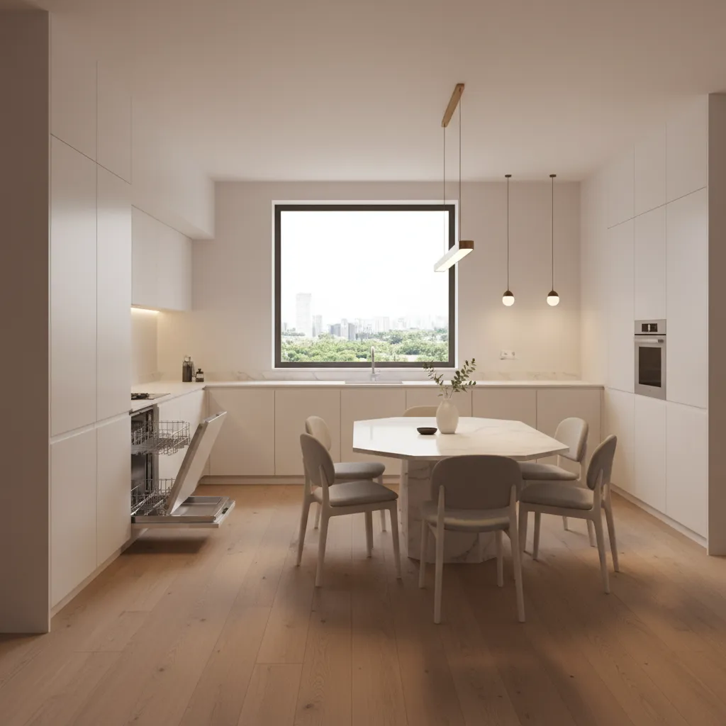 kitchen showing proper clearance between hexagon table and cabinets