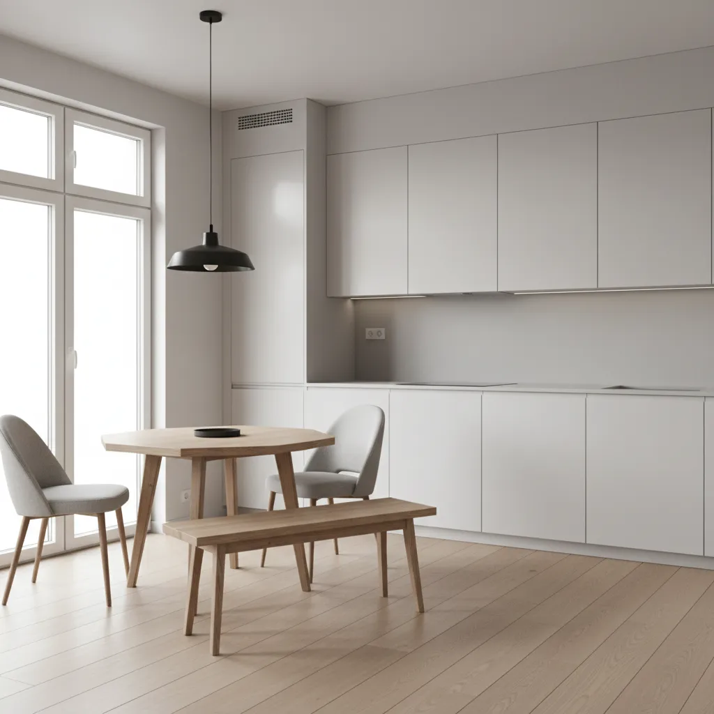 Small apartment kitchen layout with hexagon dining table near window