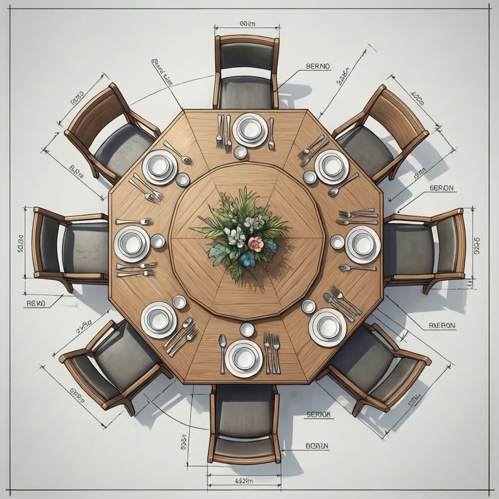 Diagram showing hexagon dining table dimensions and seating positions
