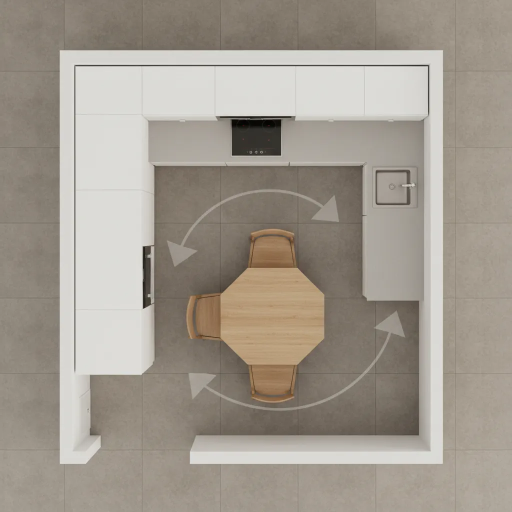 Kitchen circulation paths around a hexagon dining table