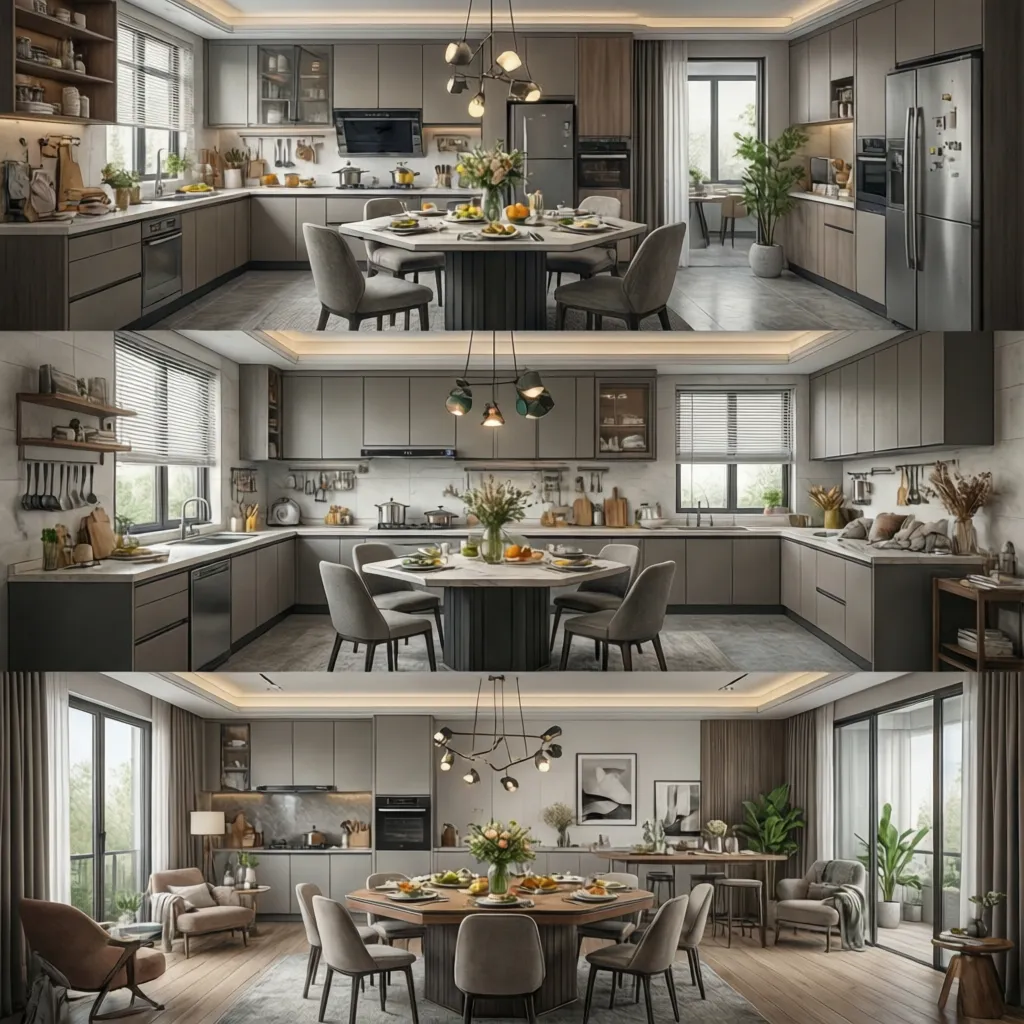 Comparison of hexagon table placement in galley L shaped and open kitchens