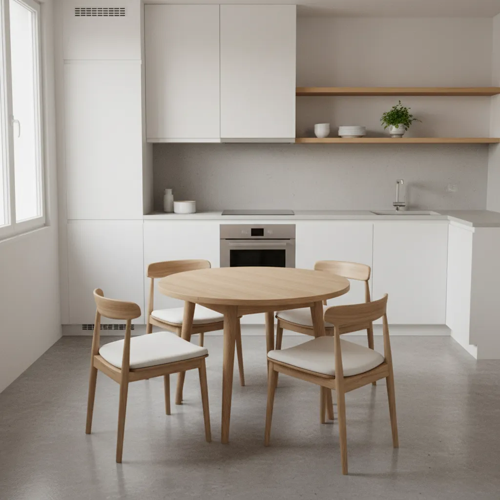 Small kitchen with compact hexagon dining table and four chairs