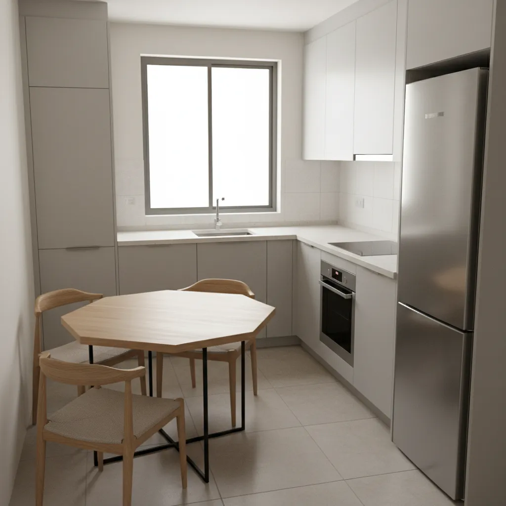 hexagon kitchen table inside compact kitchen showing tight spacing