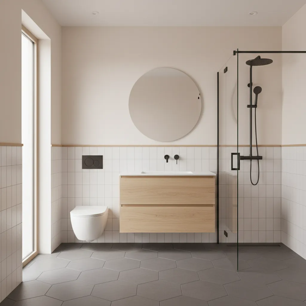 Gray hexagon tile bathroom floor with white walls