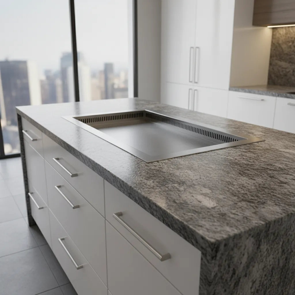 Stone countertop and stainless steel trim around hibachi grill island