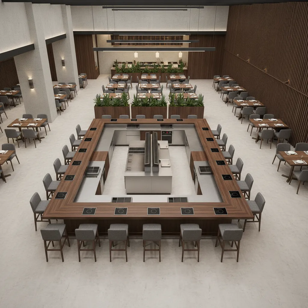 restaurant hibachi grill island layout showing seating and chef workflow around central grill