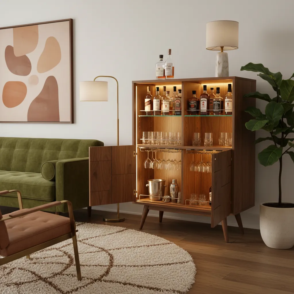 Mid century style cabinet opened to reveal hidden home bar storage