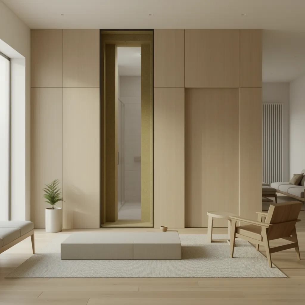 Wall section showing acoustic insulation around concealed bathroom door